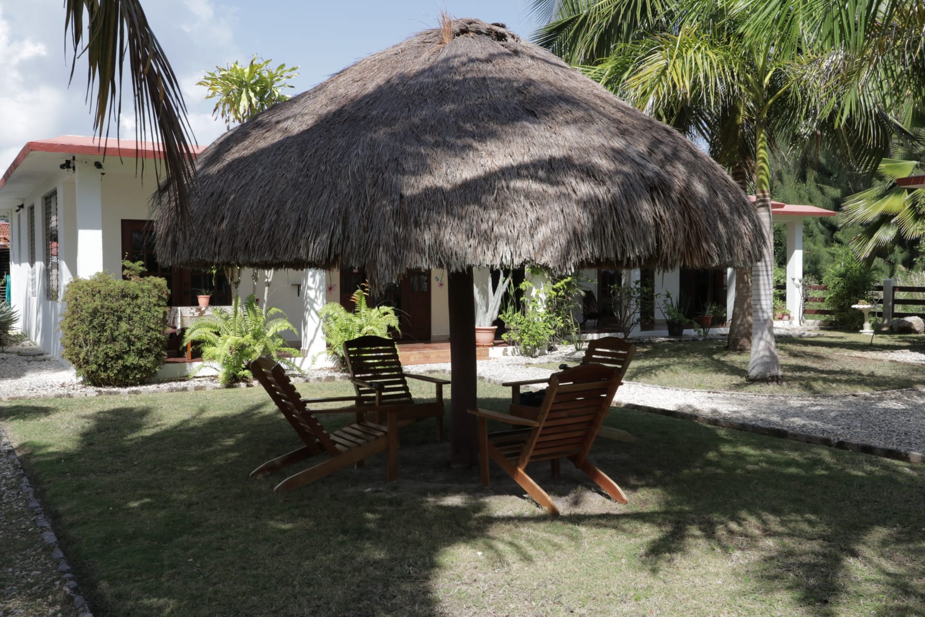 Thatched palapa and outdoor seating at Royale Manor